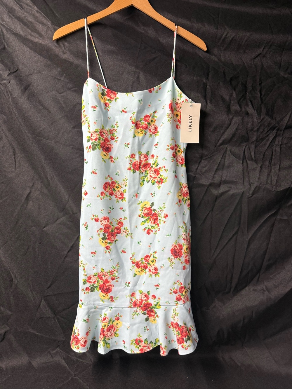 Likely Light Blue Floral Midi Slip Dress with Red & Yellow Roses size 4